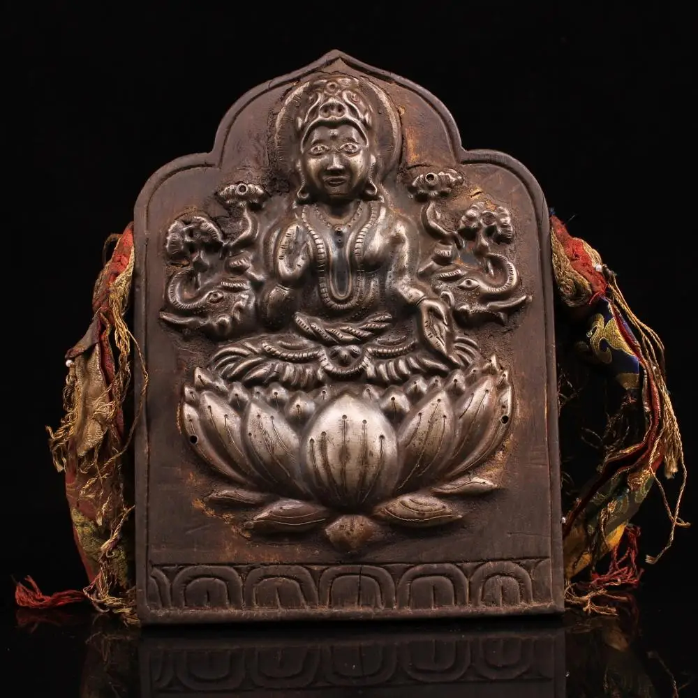 

Home Decor 9"Tibet Buddhism Temple Old wood Cold iron Both full Green Tara Buddha Statue Buddha board Thangka Hang on the wall