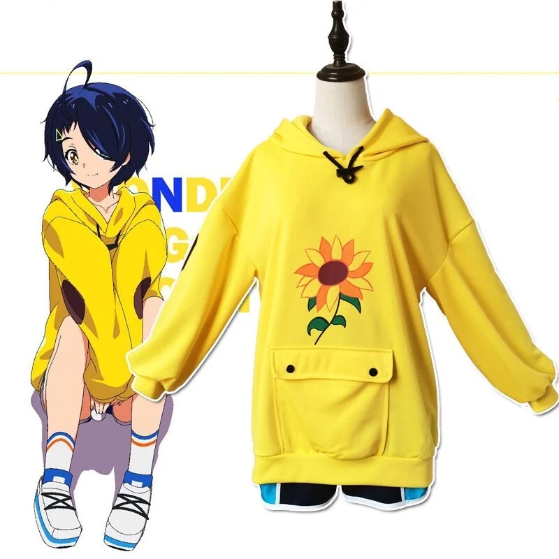 

Anime Wonder Egg Priority Ohto Ai Cosplay Costumes Hoodie Yellow Sunflower Pullover Sweatshirt Shorts