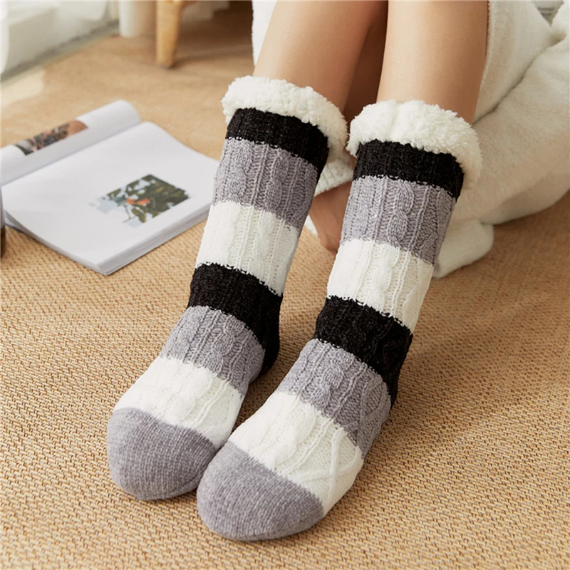 

Thick Warm Sleep Socks Slippers Socks Thicken Women Girls Print Stripe Casual Non Slip Warm Winter Mid Tube Cute Socks