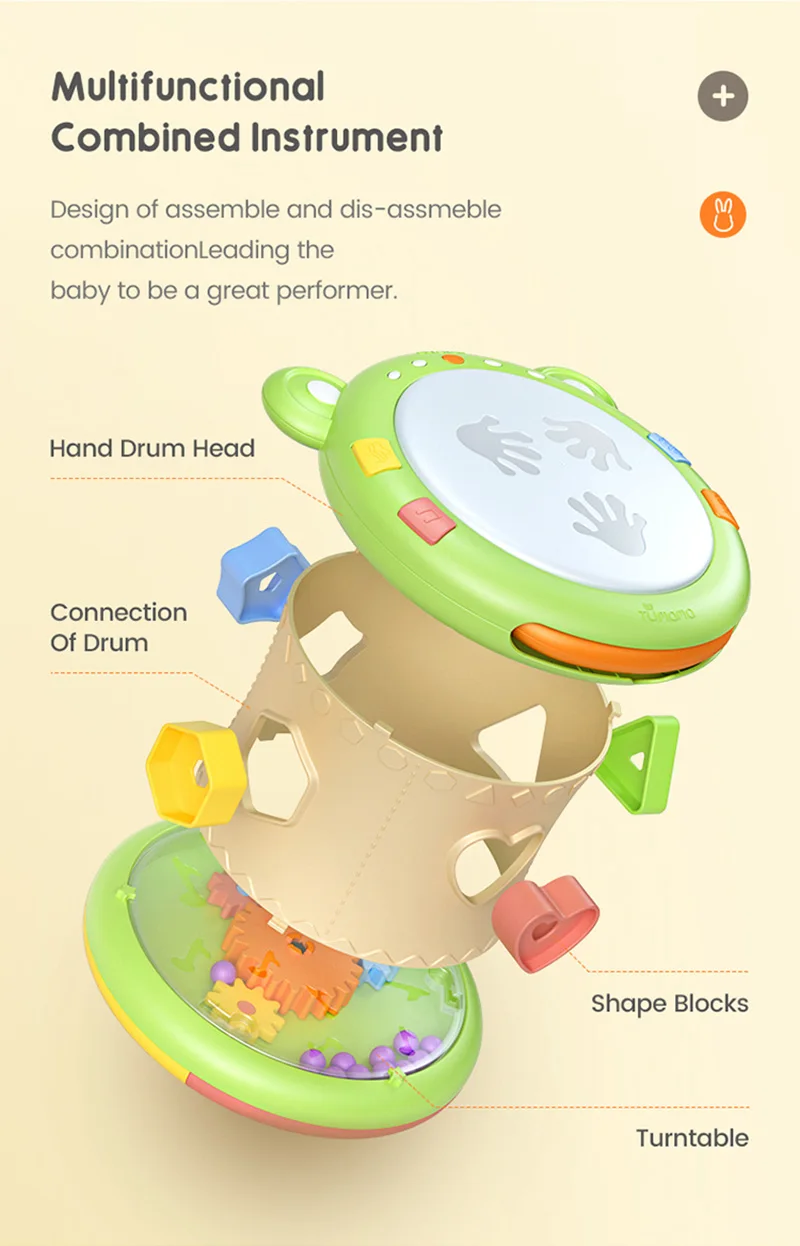 

Rabbit Baby Hand Pat Round Drum Baby Educational Toy Multifunctional Three-in-one Dynamic Sound 0-1 Years Musical Noise Maker