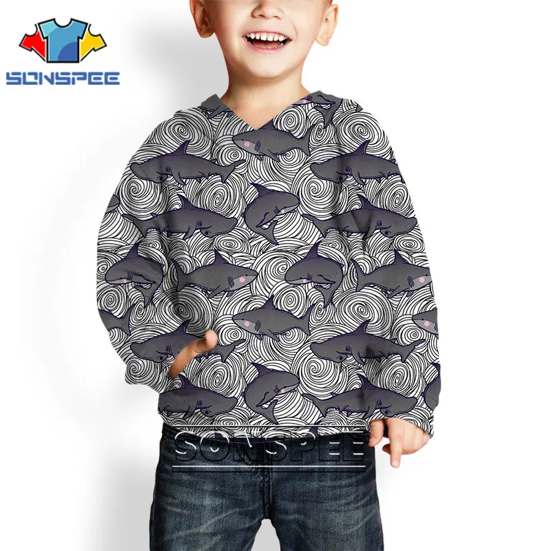 

SONSPEE Cartoon Shark Hoodies Print Deep Sea Fish Punk Style Hoody Winter Boy Girl Keep Warm Streetwear Child's Pullover Coats