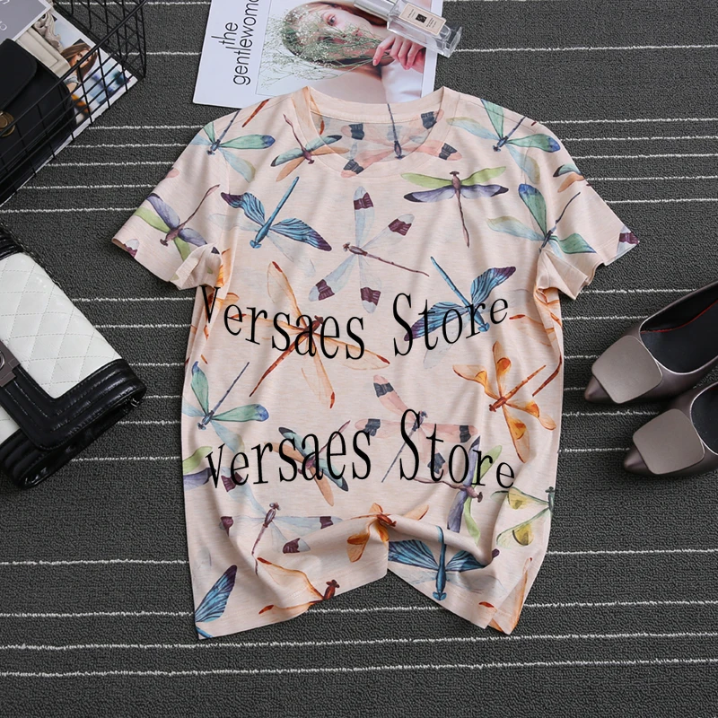 

21 luxury brand cartoon printing fashion women's top temperament round neck versatile loose casual short sleeve pattern T-shirt