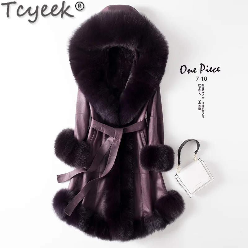 

Женское зимнее пальто Tcyeek высокого качества, модель 2021 года, с капюшоном, воротник из 100% натурального Лисьего меха, женское манто Gxy696