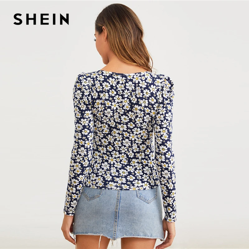 SHEIN, квадратная горловина, Маргаритка, цветочный принт, облегающая футболка, женские топы, осенняя элегантная Офисная Женская футболка с длинными рукавами