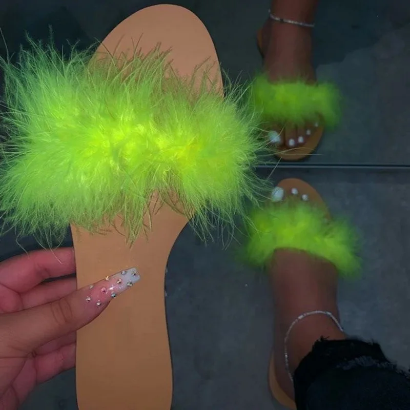 Женские пушистые шлепанцы Adisputent летние меховые сандалии на плоской подошве