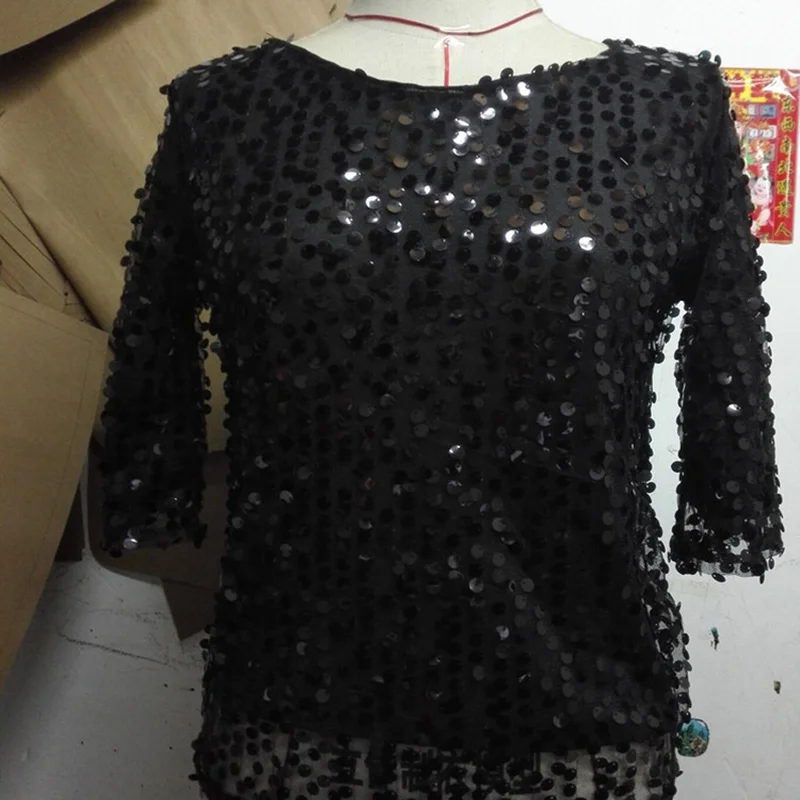 Весенняя женская Футболка с рукавами блестками рубашка женские рубашки 2020