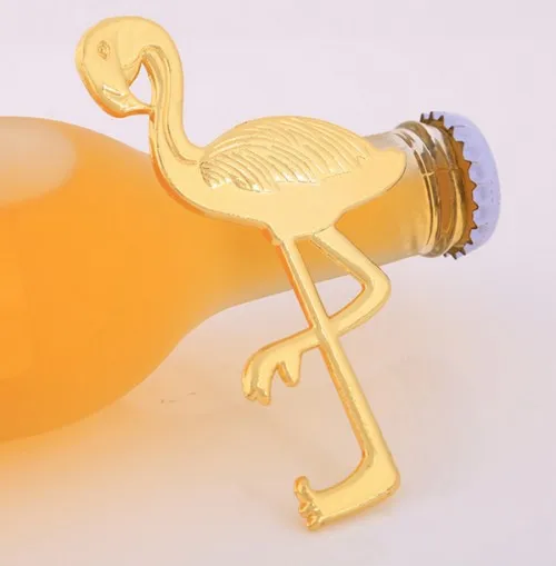 (10 шт./лот) Свадебные сувениры Золотая бутылка с Фламинго открывалка для