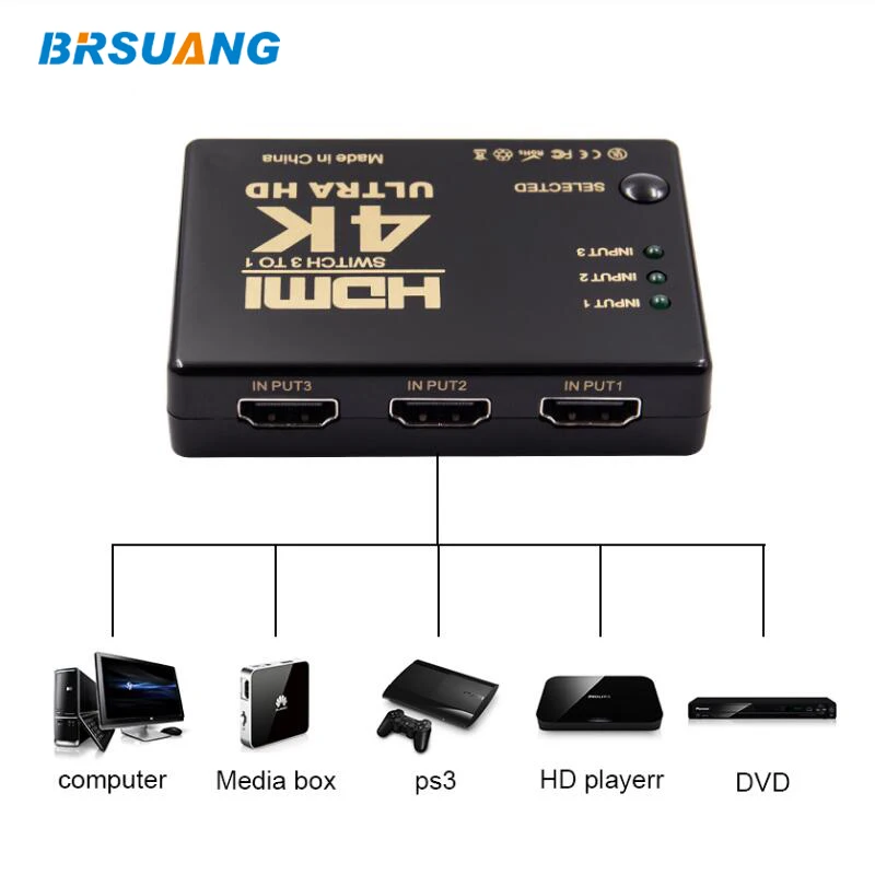 100 шт./лот BRSUANG 3 Порты и разъёмы 4K * 2K Выключатель HDMI делитель видео аудио адаптер
