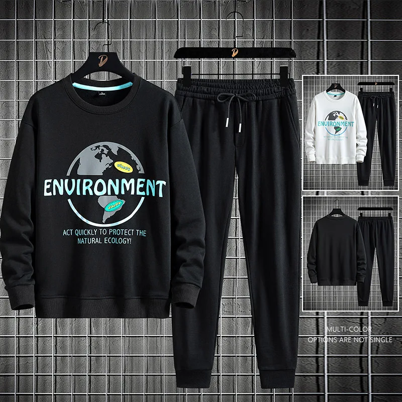 

2021 Autumn Men's Suit Sports Casual Pants Round Neck Printed Drawstring Korean Fashion Loose Oversize T-shirt Brand Men's Wear8