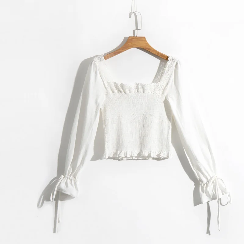 

Summer casual solid color shirt female bow decorated lace stitching short paragraph Slim shirt