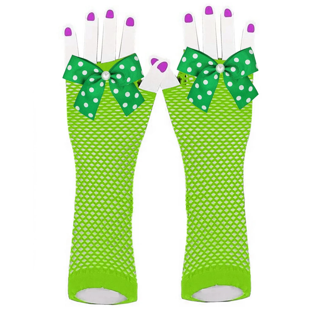 

2PAIRS/4PCS Women's Fingerless Streetwear Fishnet Lace Hollow Out High Elasticity Long Hand Vintage sexy party Bownet gloves