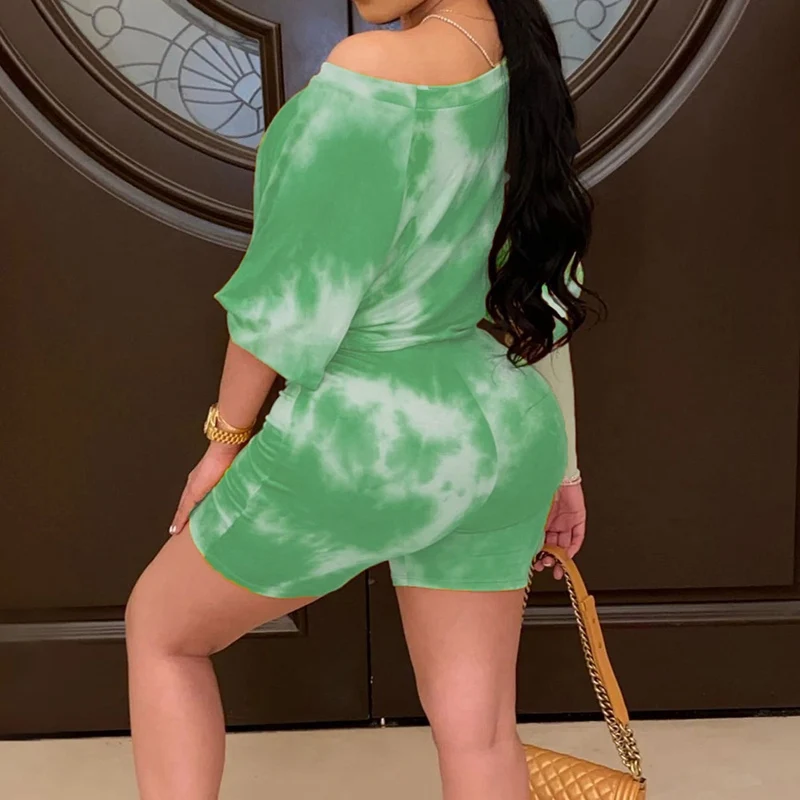 

Women's Suit Tie Dye Print Two Piece Set Puff Sleeve Bow Top Ladies Shirt Summer Slim Shorts Casual Outfits Street Femme Clothes