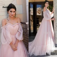 pink prom dresses 2022 women party night long evening dress off the shoulder vestidos de gala a line long sleeves robe de soiree