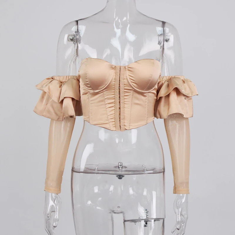 

2021 NEW Sexy Club Party Satin Shirts Blouse For Women Summer Autumn Ruffle Sleeve Off Shoulder Backless Padded Crop Tops Blusas