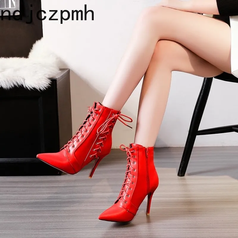 

Ankle Boots Spring and Autumn The New Fashion Pointed Zipper Fine Heel High Heel Short Tube Women's Shoes Size 34-47 10cm High