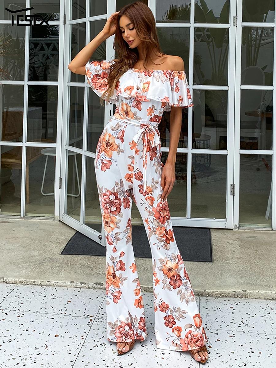 Yesexy Elegant Floral Print Off Shoulder Ruffle Jumpsuit Woman Party Backless Lace Up Overalls Casual Sexy  Jumpsuits Clothes