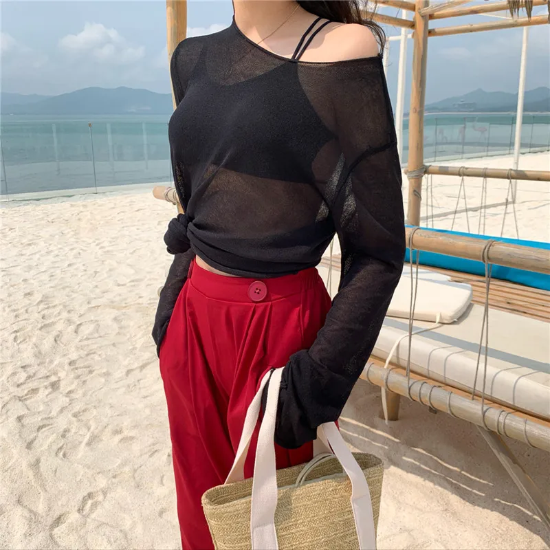 

New 2020 Sexy Beach Cover Up Skew Collar Blouse Translucent Spring Summer Beachwear Women Sunscreen Long Sleeve Shirt Black Tops