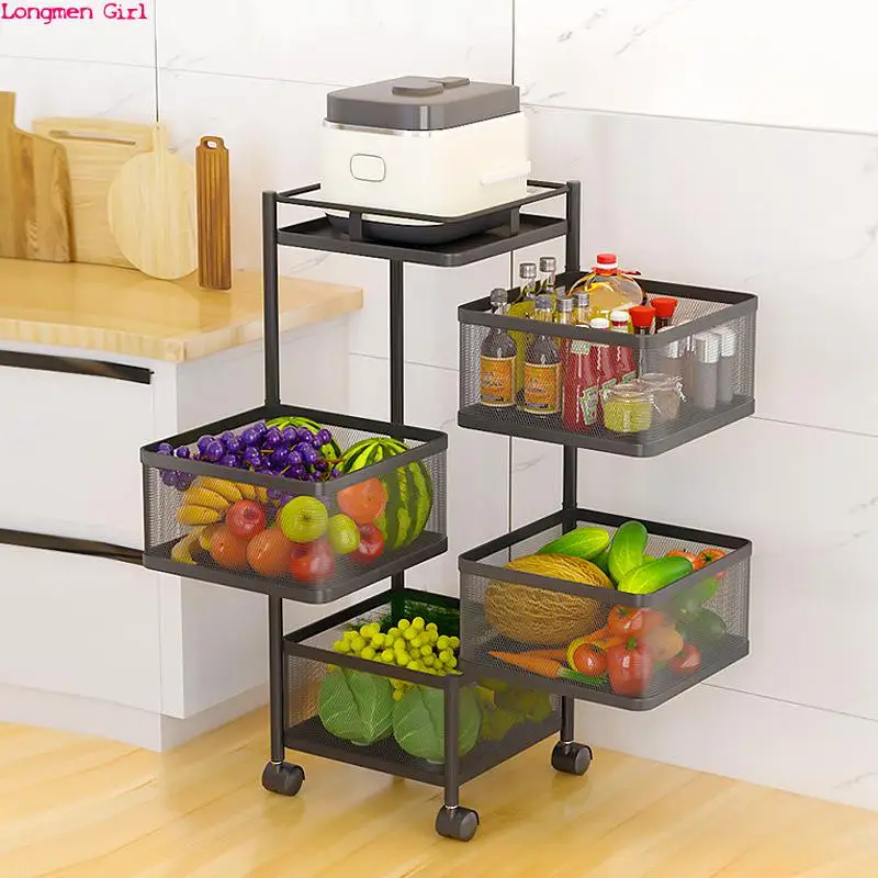 

5-Layers Kitchen Storage Shelf With Wheels Movable large-Capacity Shelf Rotatable Furniture For Home kitchen Tableware Fruits