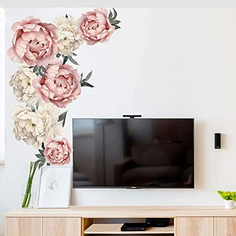Flower Wall Sticker PVC Romantic Pink Peony Rose Decal Floral for Sofa Background Living Room Bedroom Nursery Decor | Дом и сад