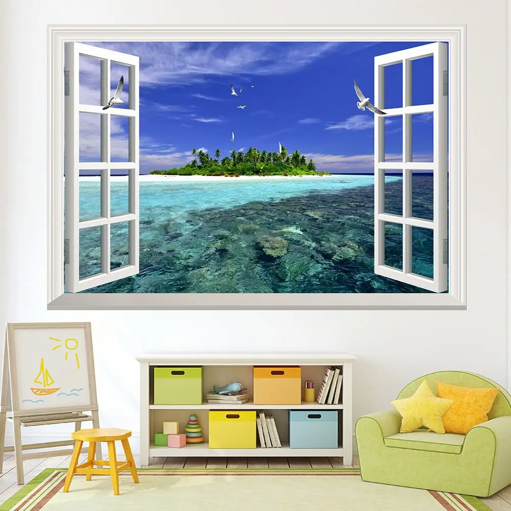 Трехмерные стикеры Creative Beach Island с ландшафтом фальшивого окна для декорирования стен в гостиной, спальне, коридоре.