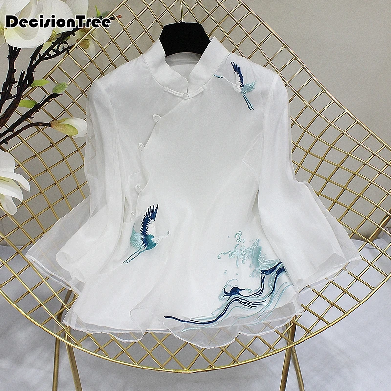 Китайский традиционный топ с цветочным принтом cheongsam, китайская блуза, рубашка qipao с длинным рукавом, китайский Топ для женщин с вышивкой журавля