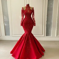 red elegant mermaid evening dresses long sleeve plus size lace appliques high neck women prom wedding party gowns custom made