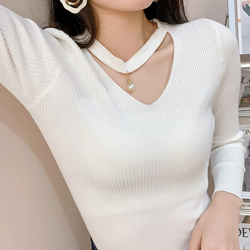 

LJSXLS осенне-зимние корейские Топы Женский вязаный свитер с V-образным вырезом 2020 пуловер с длинным рукавом черные белые серые женские мягкие ...