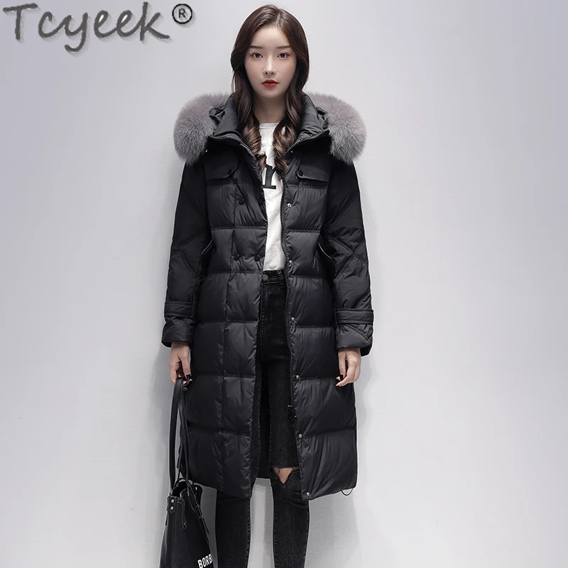 

Новинка 2021, зимняя одежда Tcyeek, женское пуховое пальто с воротником из лисьего меха, женские длинные теплые парки с капюшоном в Корейском сти...