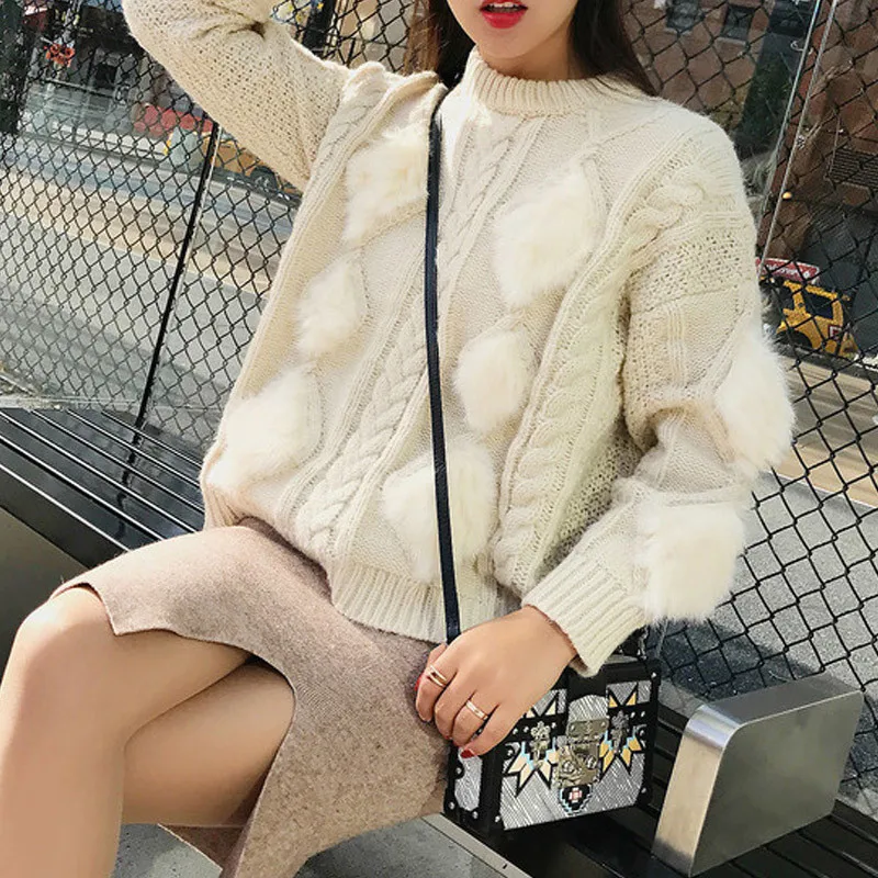 Женский свитер с мехом Neploe однотонный вязаный пуловер расклешенными рукавами