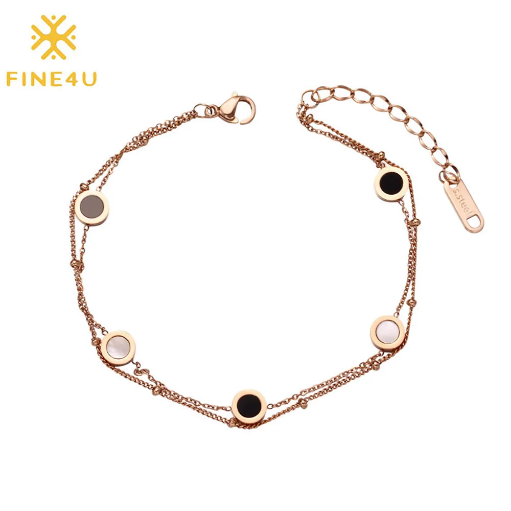 

FINE4U B429 Adjustable Dainty Layered Titanium Chain Bracelet Round White Shell Charm Bracelet for Women Girls