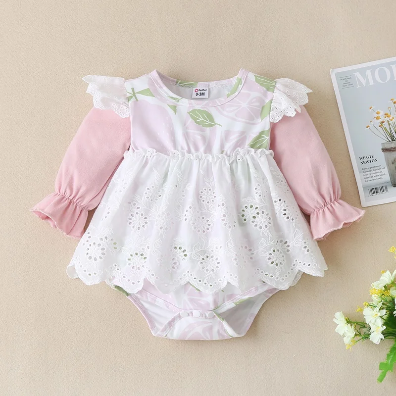 

Sweet Baby Girl Bodysuit Spring Fall Fruit Print Patchwork Lace Long Flying Sleeve Baby Romper Dress Party Princess Dress 0-12M