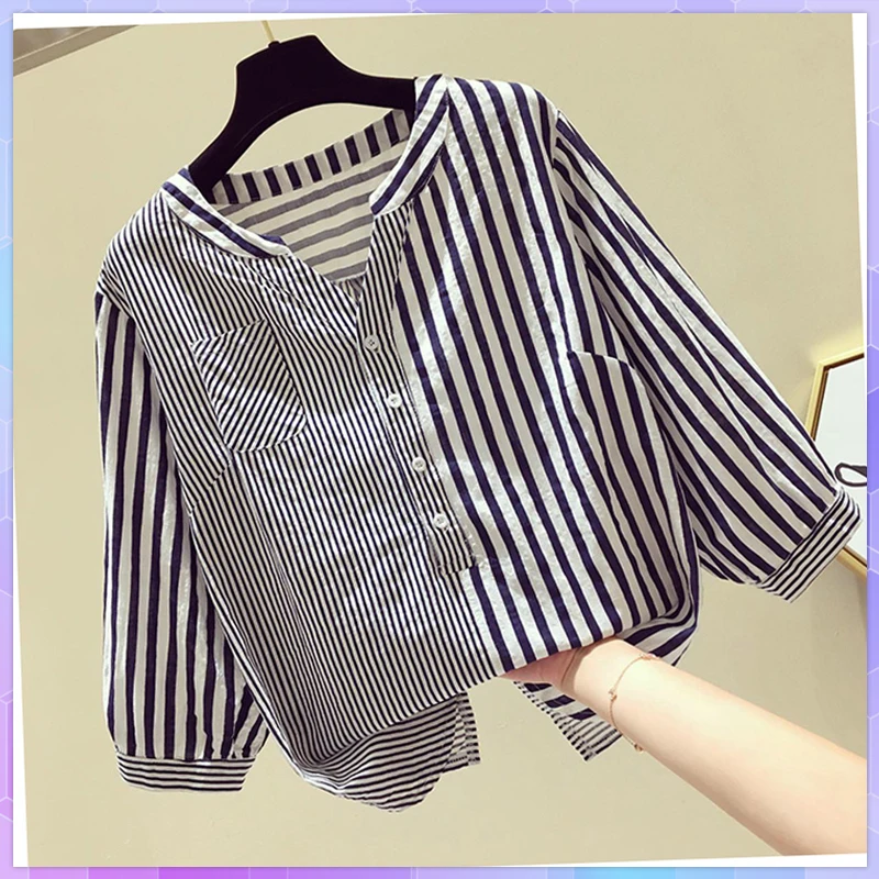 

Striped T-shirts Short Sleeve V-neck Loose Tops Striped Three-Quarter Sleeves Women's Tee Shirt Plus Size Vintage Woman Clothes