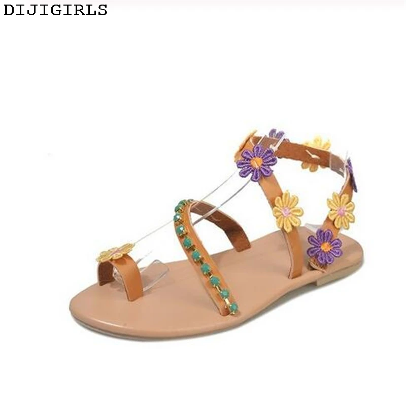 

Fashion Slip On Flower Low Heels Breathable Ankle Strap Causal Women Sandals Women Sandals 2020 Summer Crystal Flat Bottom