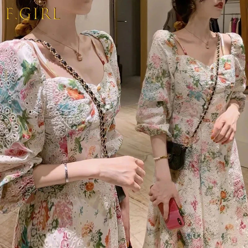 

Женское винтажное платье-макси с цветочным принтом, коротким рукавом и квадратным вырезом