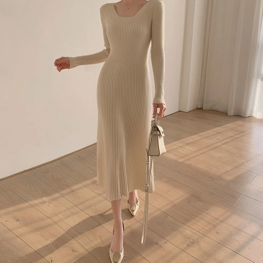 

Autumn Winter Korean Version Square Neck Office Lady Long Black Sweater Dress High Waist Slim Elegant Soft Knitted Cosy Dresses