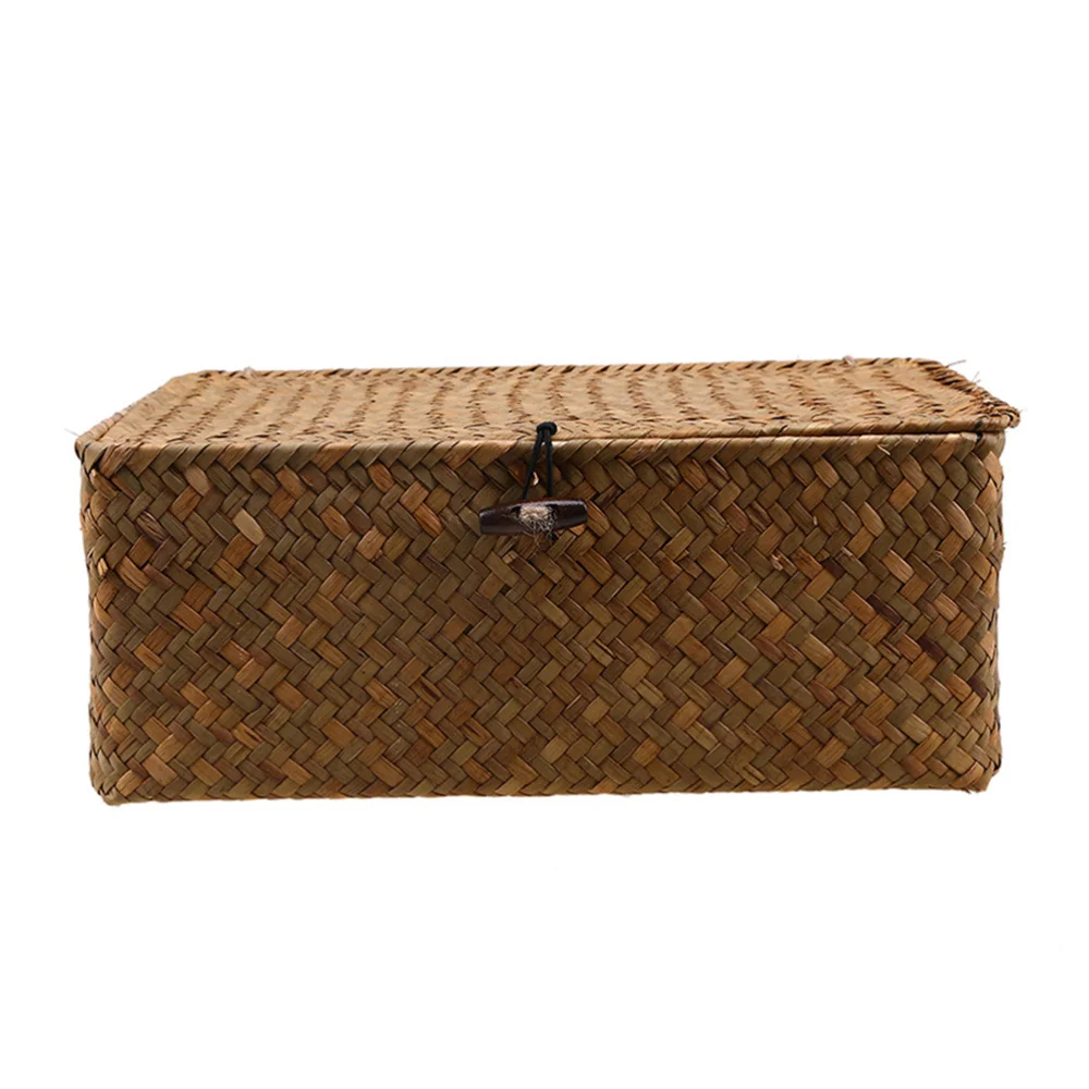 

3pcs New Seaweed With Button Woven Basket Straw Woven Debris Desktop Storage Box Hand-woven Storage Basket - Size S, M,