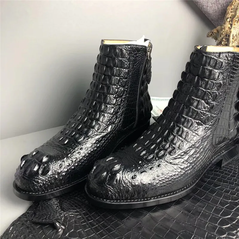Мужские Черные ботильоны ручной работы из натуральной крокодиловой кожи; Goodyear; Мужская зимняя обувь на молнии из натуральной кожи аллигатора