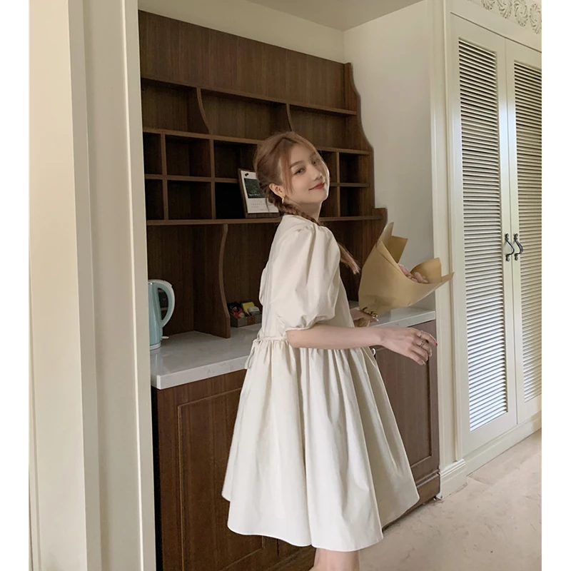 

V-Neck Dress Female 2021 Summer New Women's Clothing Dress Korean Style Short Sleeve Apricot Elegant Hedging A-Line Dress Lady
