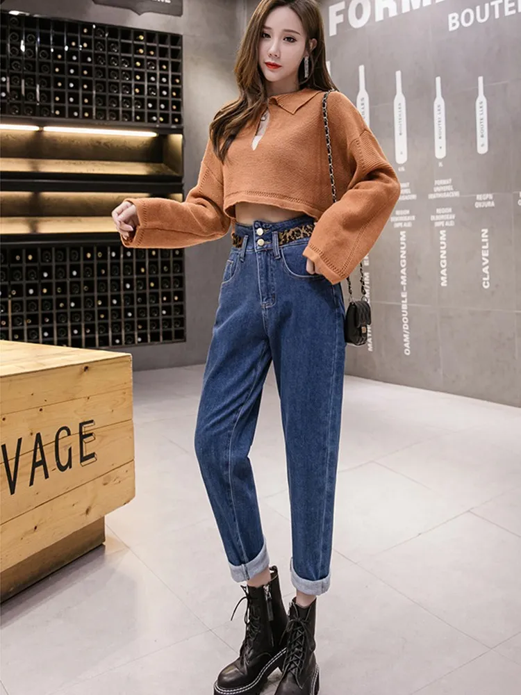 JUJULAND woman casual jeans Straight leg high waist with leopard print winter warm quality 820 | Женская одежда