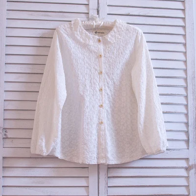 

Japan Style Mori Girl Fresh Literary Embroidery Lace Peter Pan Collar Long Sleeve Women's Shirt