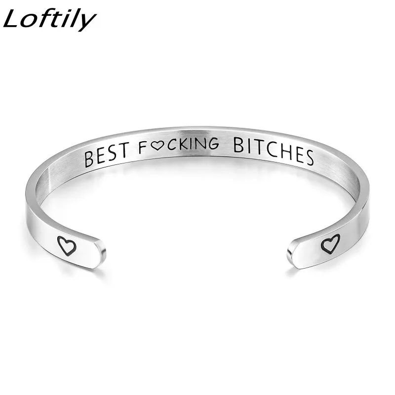 6mm Letters Engraved Best Bitches Bracelet Cuff Open Stainless Steel for Women Ladybro Friends pulseira Gift Jewelry | Украшения и