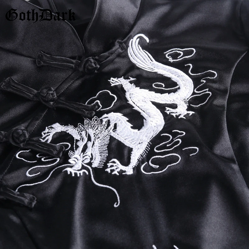 Goth Dark Black Vintage Gothic Halloween Dresses Women Embroidery Autumn Long Party Dress Spliced Black Chinese Cheongsam
