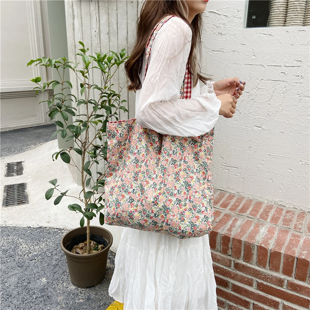 

Women Casual Shoulder Bag Portable Cloth Floral Plaid Print Shopping Handbag Tote Simple Picnic Travel Fashion Large Capacity
