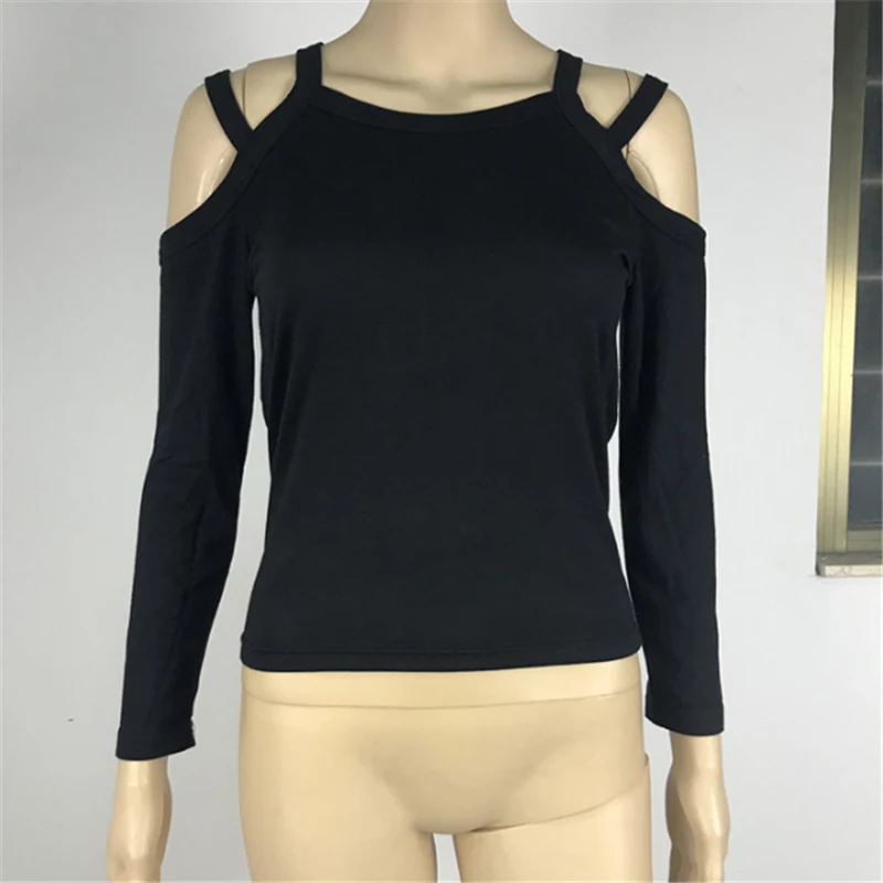 

2019 Fashion Sexy Women Blouse Top Long Sleeve Solid Black Cold Off Shoulder Shirts Casual Skinny Elastic Tops