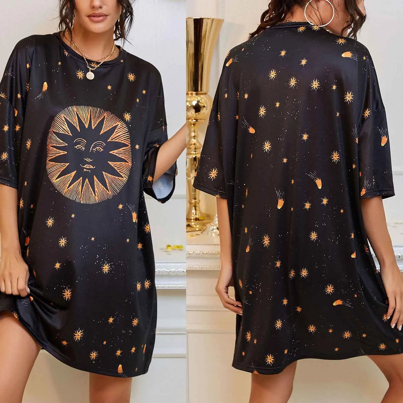 Женская Винтажная футболка с круглым вырезом черная свободная принтом в