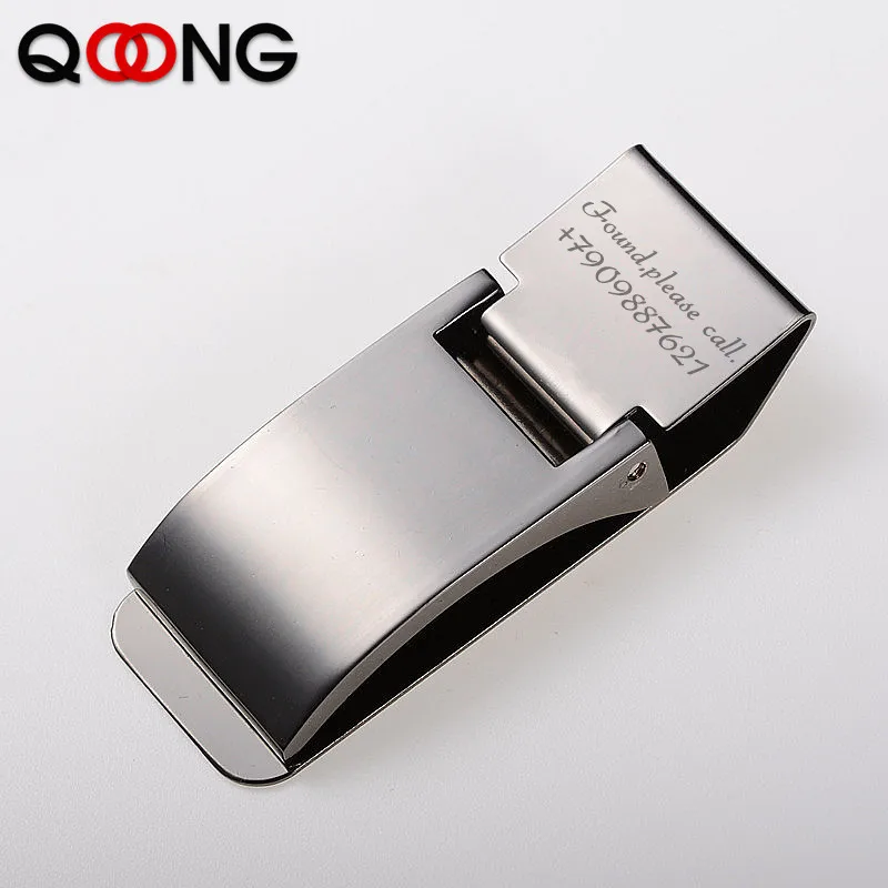 QOONG Custom Engraving Stainless Steel Two Colors Money Clip Holder Slim Pocket Cash ID Credit Card Metal Bill Clips Wallet