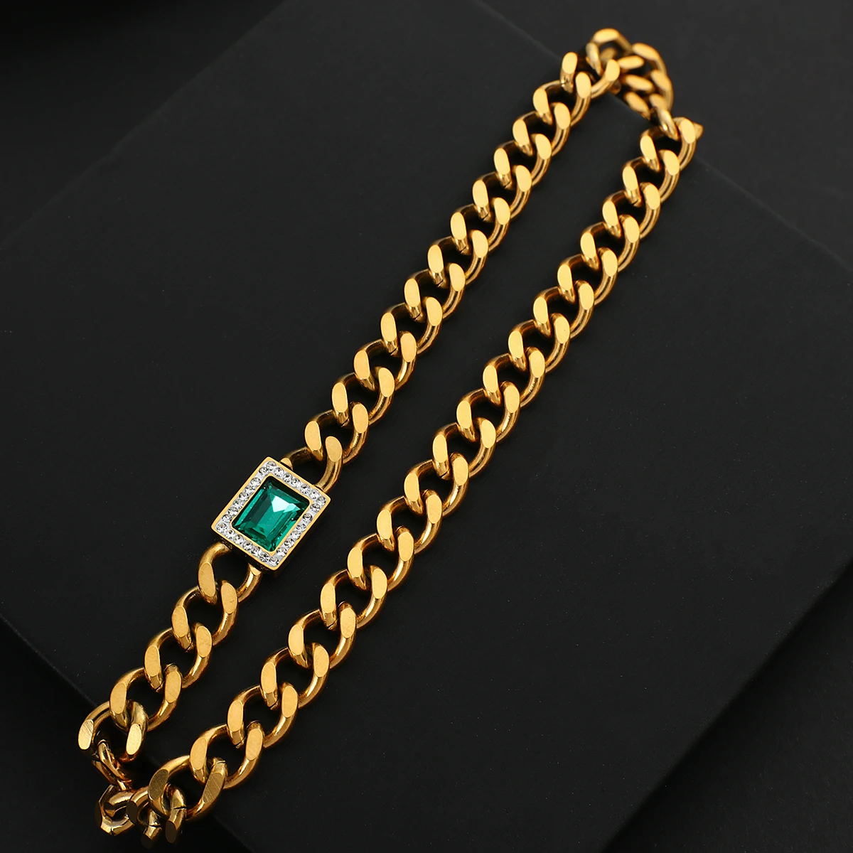 

AENSOA Punk Stainless Steel Thick Chain Necklace for Women Top Grade Green Crystal Collar Chunky Chain Choker Necklace Jewelry
