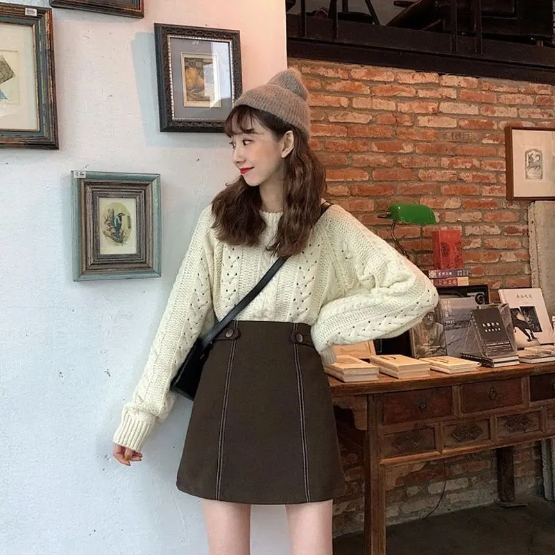 

Women 2021 Autumn Winter Fashion Tweed Wool Mini Skirt Female Elegant Button A Line Short Skirts Lady Casual Plus Size Skirt