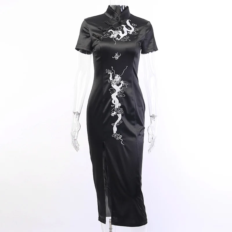 Goth Dark Black Vintage Gothic Halloween Dresses Women Embroidery Autumn Long Party Dress Spliced Black Chinese Cheongsam