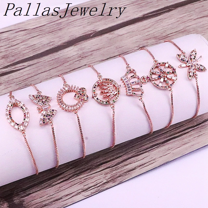 

10Pcs Rainbow CZ Cubic Zirconia Micro Pave Connector Bracelet, Link Connector with Rose Gold Chain Bracelets